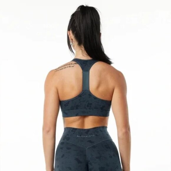 Alphalete | Surface Faux Wrap Athletic Sports Bra in Pebble Print Black Small - Picture 2 of 6